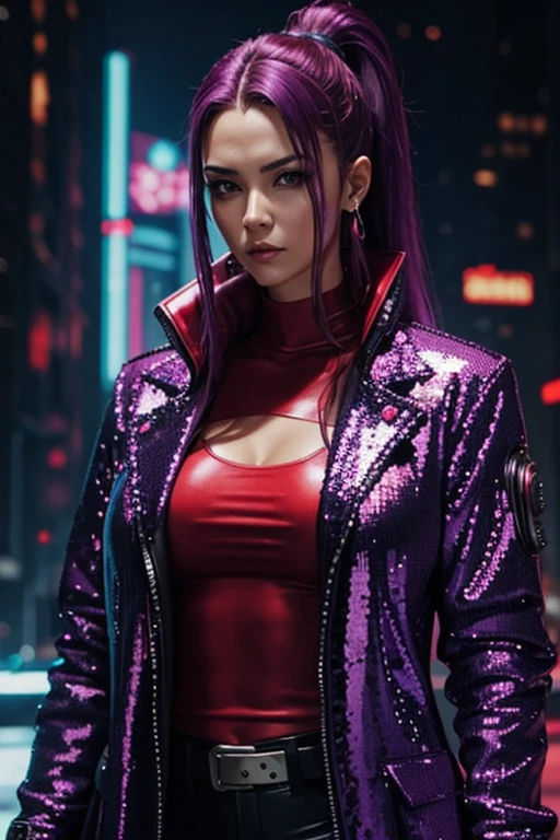 Cyberpunk, Woman, open purple sequin coat, red clothing, cyberpunk mercenary, red shirt
