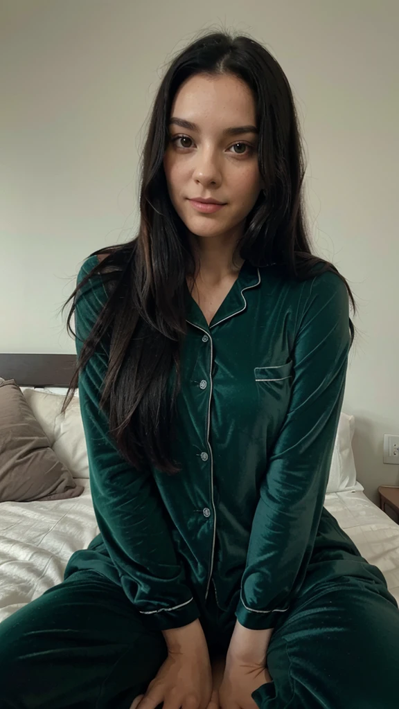 British lady with long black hair sitting on bed wearing bue green pajamas, selfie 