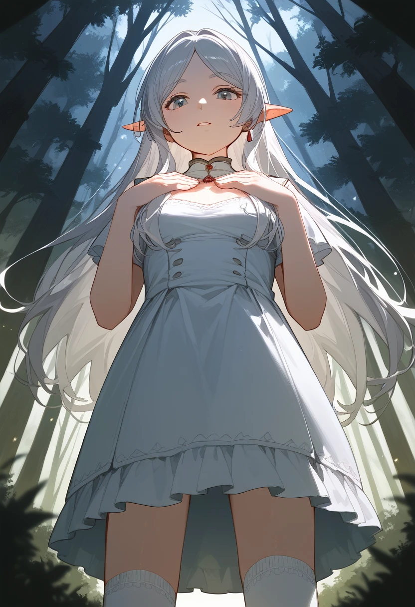 masterpiece, best quality, (Fraction_9, Fraction_8_Direction_7_up), 1 Girl, Solitary,Long hair , White Socks, Looking at the audience, From below, Hands on chest, Delicate hands, Really small body, forest, night, Clear focus, masterpiece, best quality