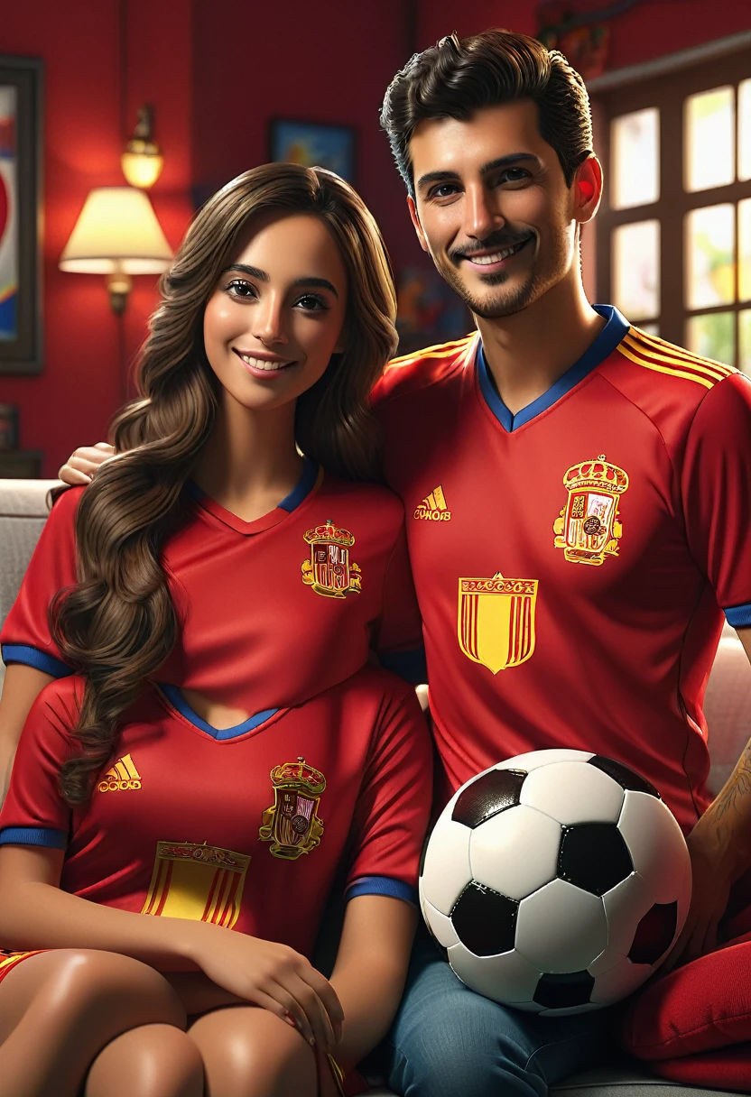 A stunning 4K, UHD, and HDR quality 3D rendering of a charming young couple, Alberto and Alicia, exuding confidence and allure as they gaze forward. Alberto, a passionate Spanish soccer fan, proudly wears a red Spanish team jersey, while Alicia joins him in identical attire. Their radiant smiles light up the room, which is adorned with warm and inviting Eurocopa soccer decorations, a TV, and a cozy sofa. The atmosphere is filled with love and celebration, as the couple's connection is palpable. This extraordinary image masterfully blends fashion, and anime, showcasing the beauty of conceptual art and 3D rendering, and transforming it into a visually captivating masterpiece.