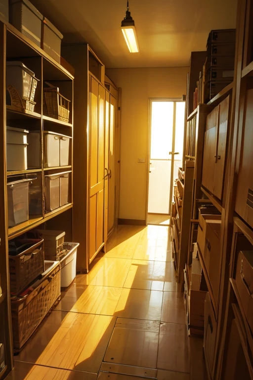 Storage room in an old apartment, in warm yellowish lighting