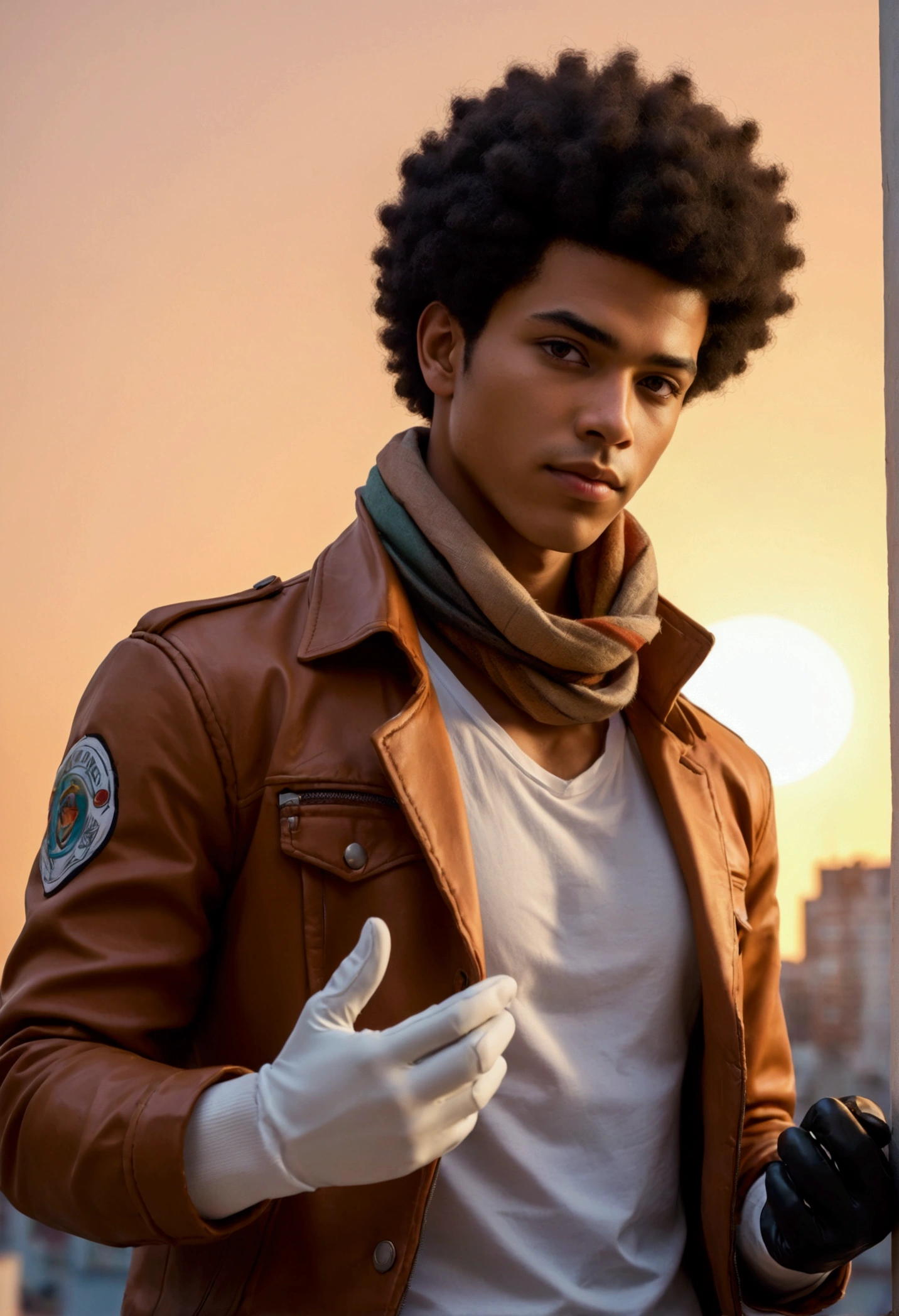 (foco frontal),Anime - style illustration of a man with a brown jacket, white t-shirt and small scarf around his neck, "(best quality,ultra-detalhado),detailed right hand,(Luva sem dedos,Gloved hands), | | |, personagem de anime masculino, Fundo da cidade, Sunset gradient background, Corte de cabelo afro curto, Homem negro, Jovem afro-americano