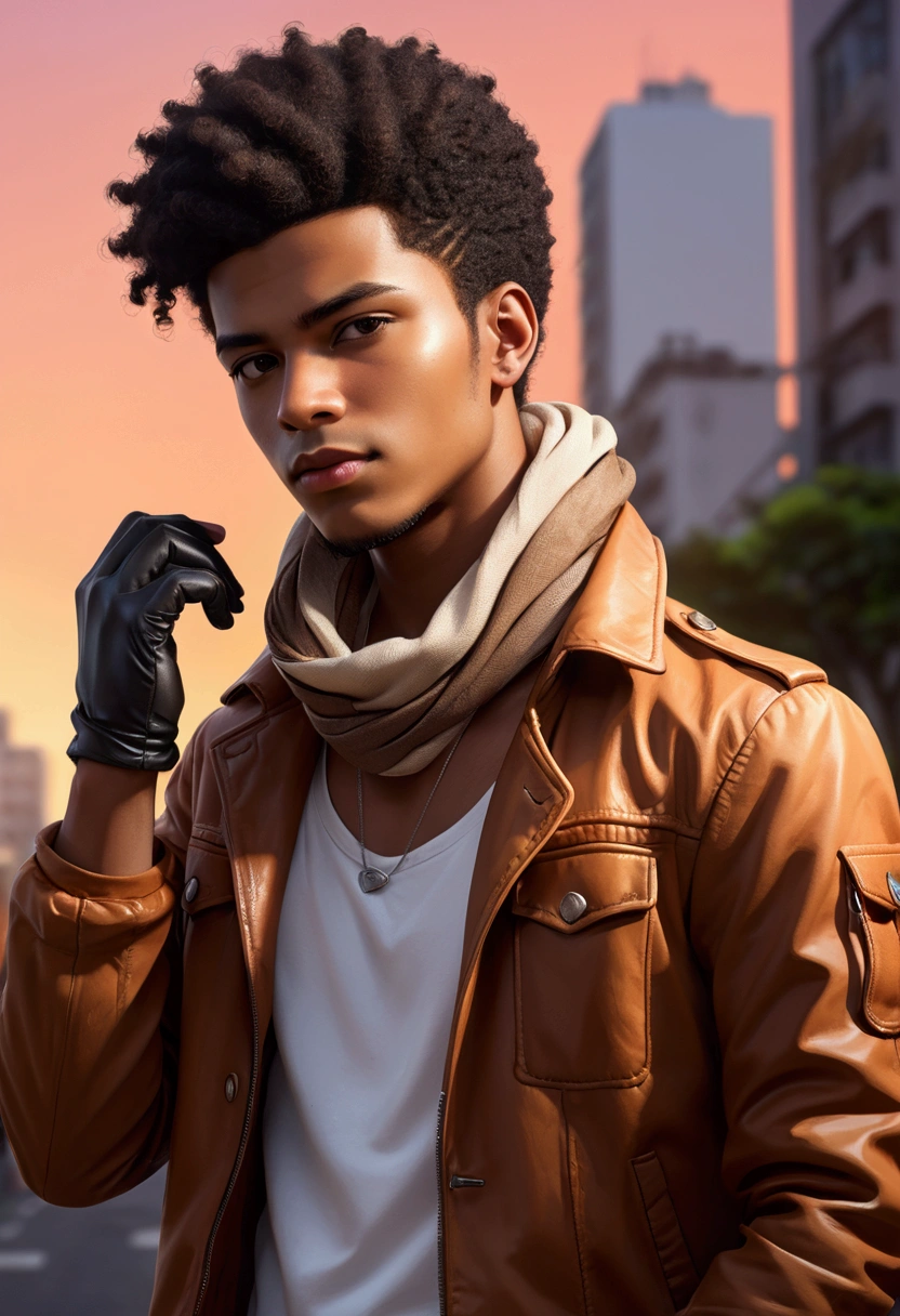 (foco frontal),Anime - style illustration of a man with a brown jacket, white t-shirt and small scarf around his neck, "(best quality,ultra-detalhado),detailed right hand,(Luva sem dedos,Gloved hands), | | |, personagem de anime masculino, Fundo da cidade, Sunset gradient background, Corte de cabelo afro curto, Homem negro, Jovem afro-americano
