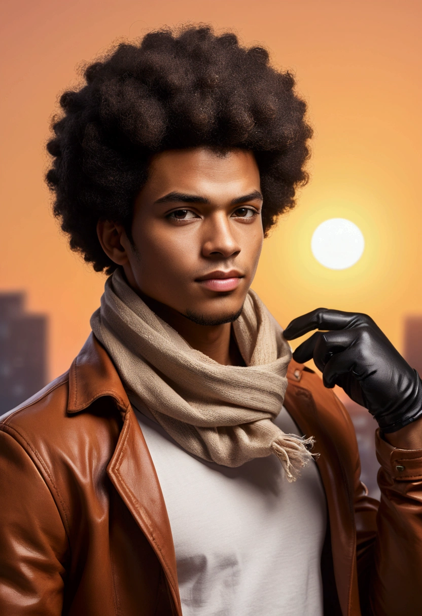 (foco frontal),Anime - style illustration of a man with a brown jacket, white t-shirt and small scarf around his neck, "(best quality,ultra-detalhado),detailed right hand,(Luva sem dedos,Gloved hands), | | |, personagem de anime masculino, Fundo da cidade, Sunset gradient background, Corte de cabelo afro curto, Homem negro, Jovem afro-americano