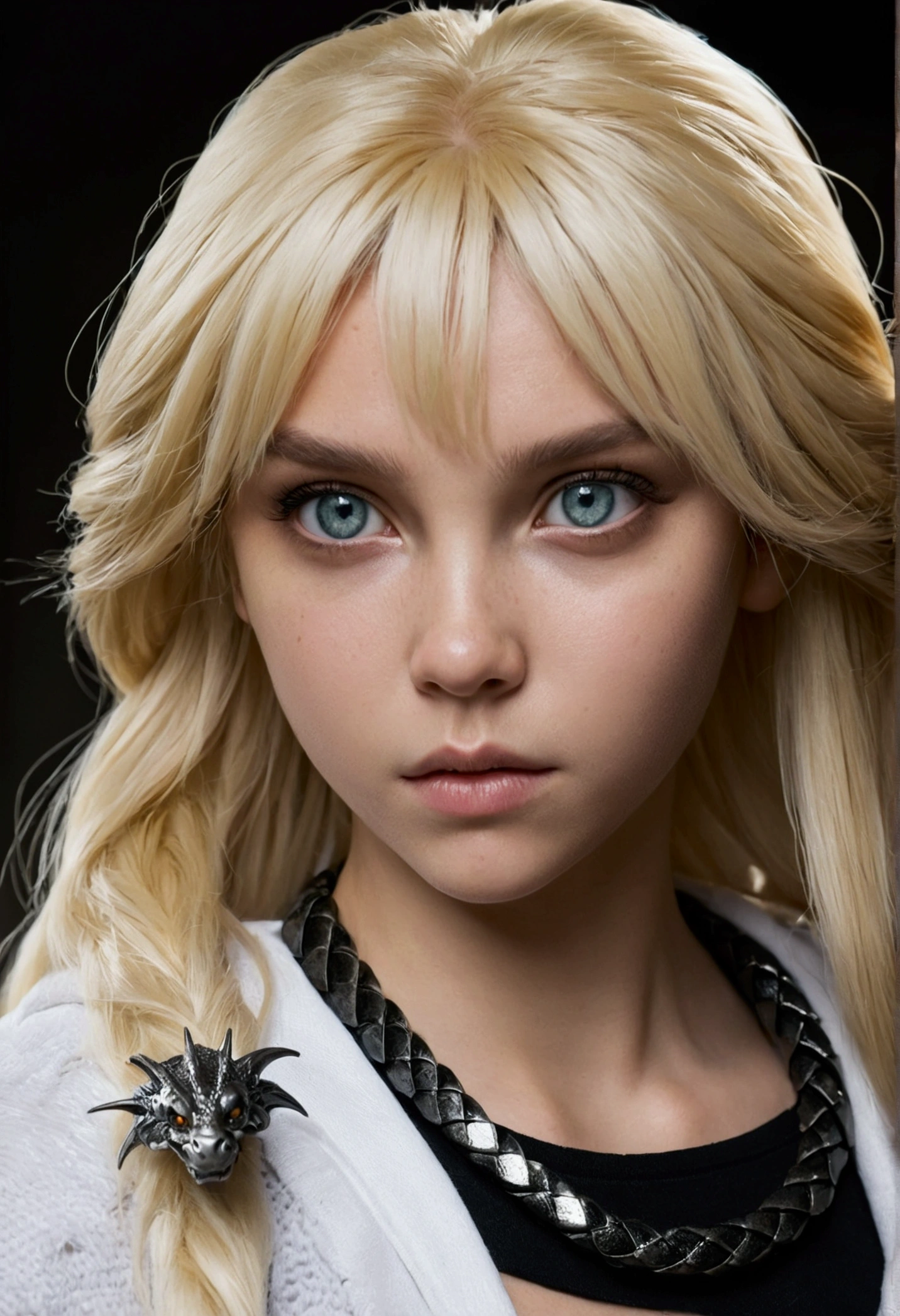 linda, girl, glued clothes, dragon scale, with black bracelets, clear eyes, blondie hair