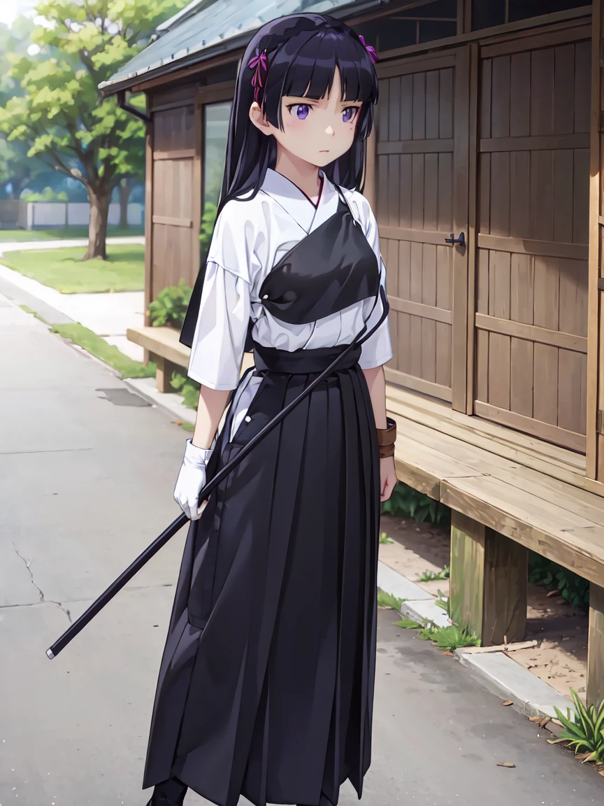 (ruri gokou), (Ultra-high resolution), (masterpiece), (Attention to detail), (high quality), (最high quality) , 1 girl, alone, girl, Hime cut, Long Hair, skirt, hakama, hakamaskirt, long skirt, Black Hair, gloves, kyuudou, Kyudogi, breastplate, tabi, Field, Japanese Dojo,