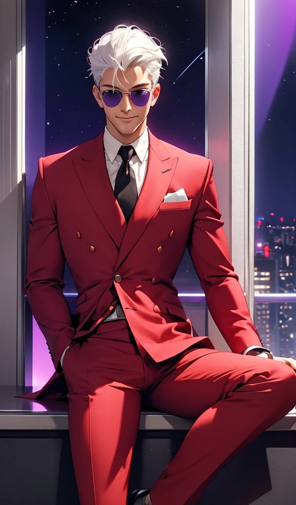 young man, Handsome, white hair, clear purple eyes, masculine, hairless muscles, red suit, background dark, stars, purple light, Ultra definition, HD, full color,, open legs, view since down, looking at the camera, sunglasses, smiling