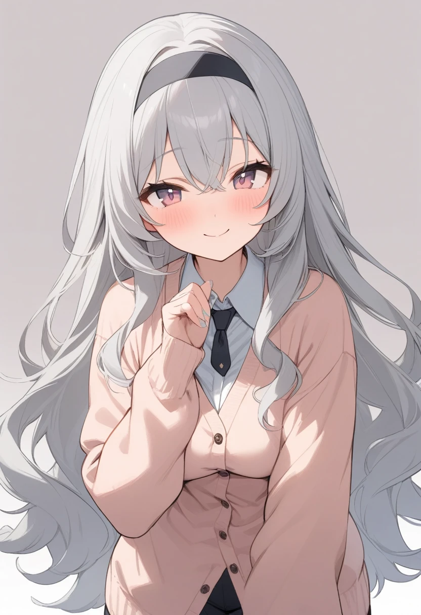 Simple Background,masterpiece,Highest quality,woman,smile,Wavy long hair,Gray Hair,Pink bristles,Cute eyes,水色のCute eyes,cardigan、Black headband、