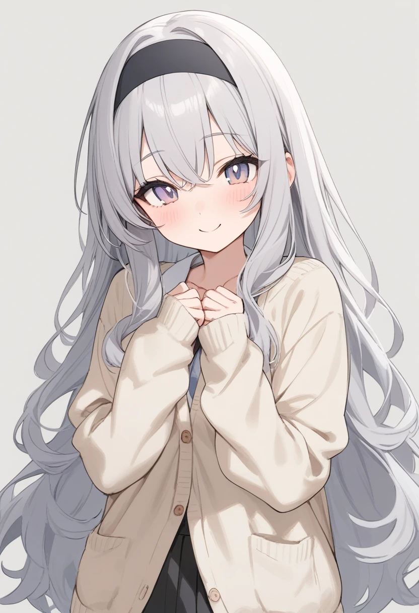 Simple Background,masterpiece,Highest quality,woman,smile,Wavy long hair,Gray Hair,Pink bristles,Cute eyes,水色のCute eyes,cardigan、Black headband、