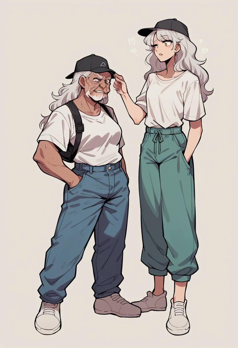 A 19-year-old woman with long hair and a backwards Lacoste black cap,a loose blouse and loose pants and a little line on the eyebrow,of lesbian sexuality and with pincergin in the corner of the mouth , appear full body showing baggy pants and baggy blouse
