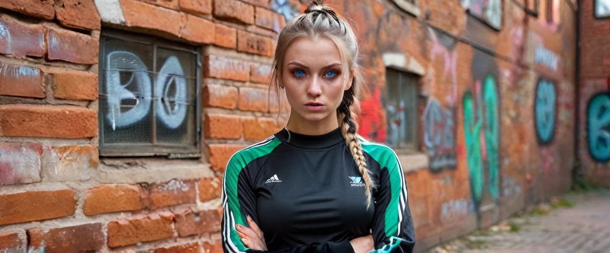 young woman, ultratextured skin, blue eyes, rough expression, bruses on face, straight gesture, two braided shiny hair, black crop top, tracksuit trousers, slavic ethnicity, blond hair, portrait, ultra high resolution, red bricks graffiti background, outdoor, lamp light lighting, facing camera, cheeky emotion, upper lip scar, sport wear, hands crossed on chest, wrists hidden, bright green makeup, young adult, acid color palette.