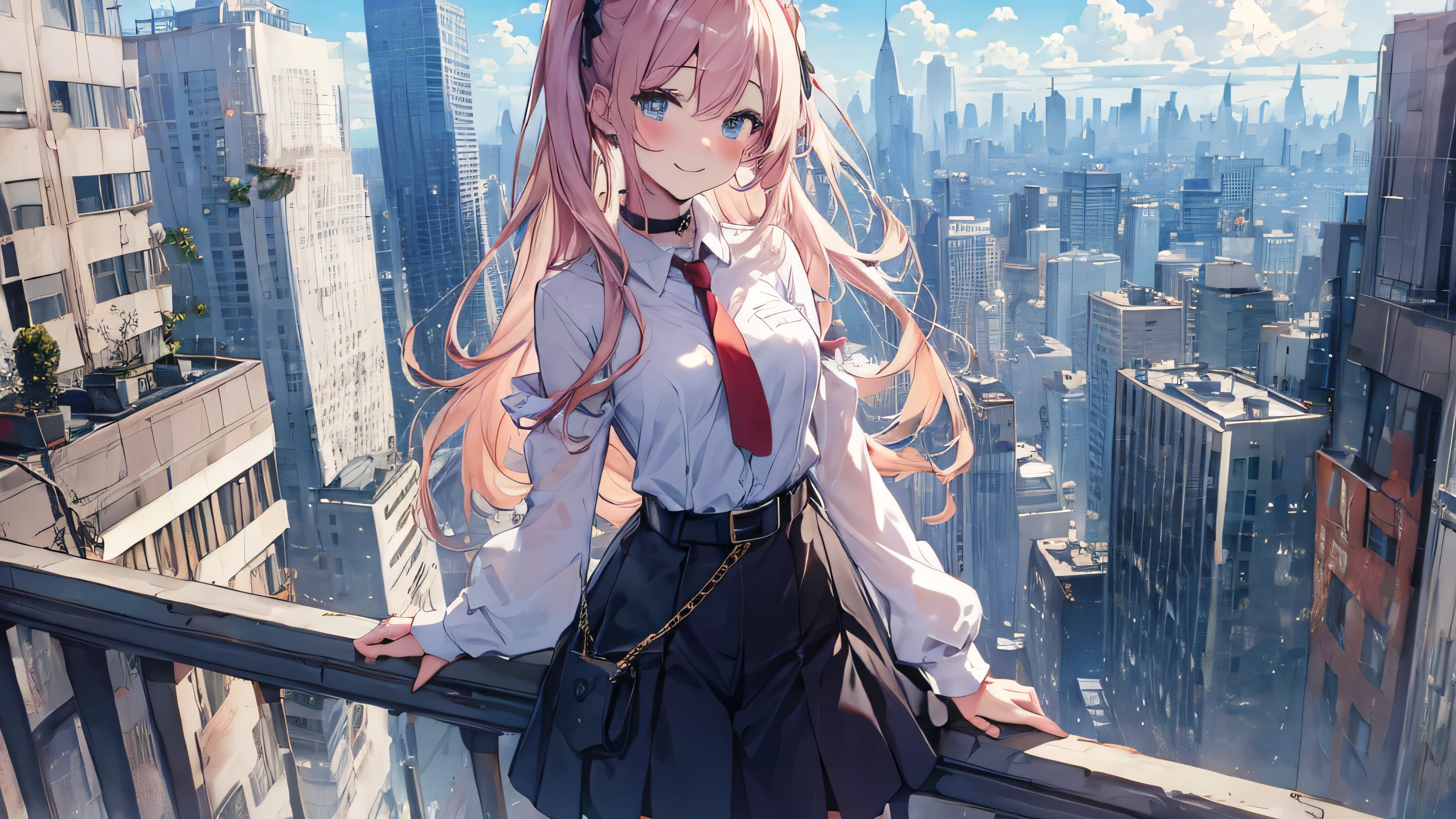 soles, masterpiece, Hatsune Miku, 1 person, solo, hair inhalation, face up, blue sky, glow white particle, (sidelighting:1.2), sun light, white cloud, detailed clouds, slender, Lovely small breasts, super cute smile with teeth, red cheek, blushing, beautiful hair, deep shiny blue eyes, cute girly pause, choker, pink see-through blouse with blue tie, blue skirt , white belt, on the roof of building, super detailed beautiful city view background, wide shot, give wink