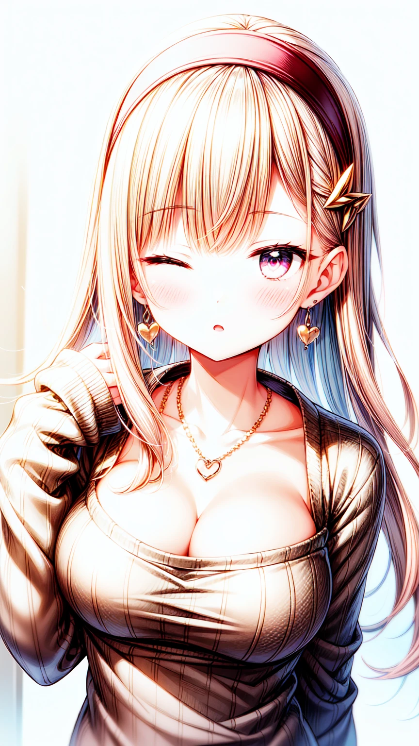 1girl, jewelry, solo, earrings, looking_at_viewer, long_hair, heart_earrings, hairband, purple_eyes, white_hair, pink_hairband, bangs, ;o, one eyes closed, upper_body, necklace, collarbone, blush, parted_lips, sweater, long_sleeves, heart, sleeves_past_wrists, open_mouth, shirt, pink_shirt, hand_up, pink_sweater, blurry, cleavage cutout