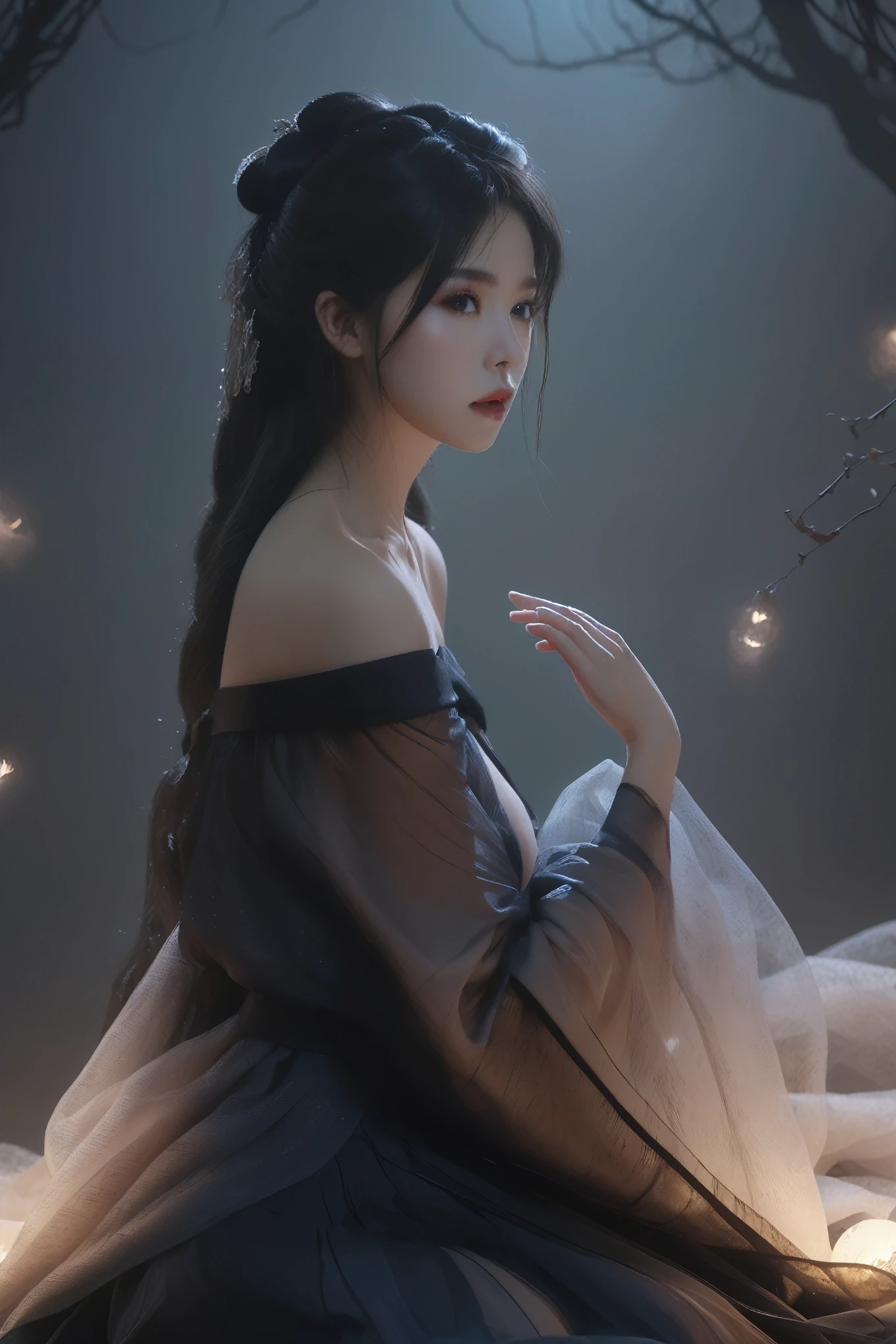 Ultra HD, 8K, Extremely detailed, Photos of Dark Fantasy Art, Girl in tulle skirt,making eye contact, dark, Moody, dark fantasy style, Beautiful Lights, great composition