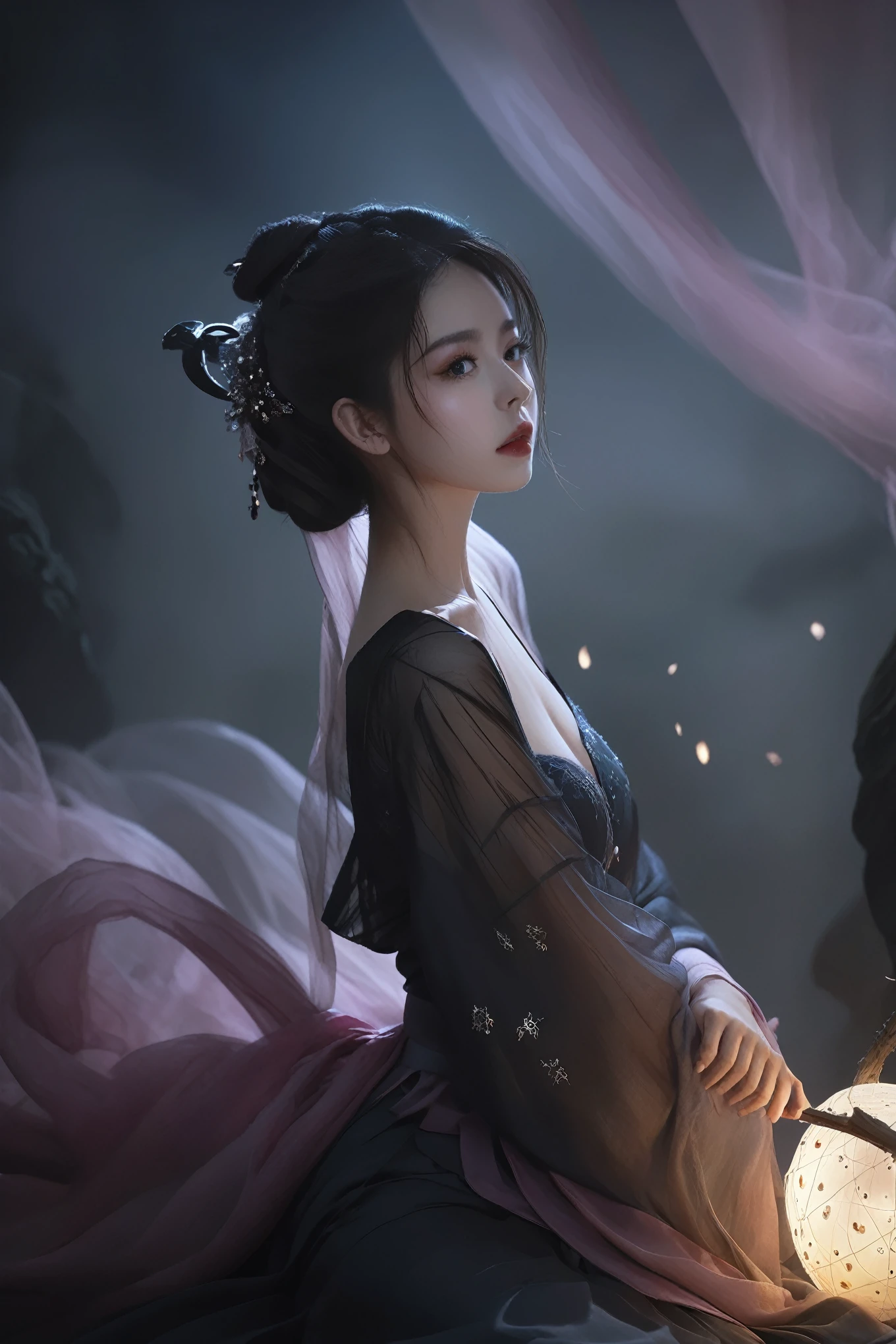 Ultra HD, 8K, Extremely detailed, Photos of Dark Fantasy Art, Girl in tulle skirt,making eye contact, dark, Moody, dark fantasy style, Beautiful Lights, great composition