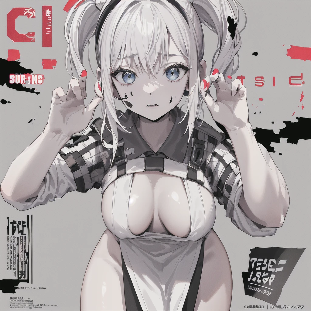 ((((dramatic))), (((Grainy))), (((intense))) film poster featuring a young platinum white hair woman as the central character. She stands have confidencely in the center of the poster, wearing a stylish and edgy Harajuku-inspired hip hop Costume, with a determined Performance on her face. The background is aesthetic atmospheric dark and Grainy, With danger and tension. The article is bold and to attract attention, with a Catchy tagline that adds to the overall feeling of drama and excitement. The color palette is mainly dark with splashes of Vibrant neon colors, giving the poster a dynamic and visually impressive appearance,tachi-e (magazine:1.3), (cover-style:1.3), fashionable, woman, Vibrant, Costume, Sexy seductive poses, front, colorful, dynamic, background, element, have confidence, Performance, Holding, statement, accessories, Majestic, Coiled, The surrounding area, touch, scene, article, cover, bold, to attract attention, title, stylish, font, Catchy, Heading, big, impressive, Modern, trend, concentrated, fashion,