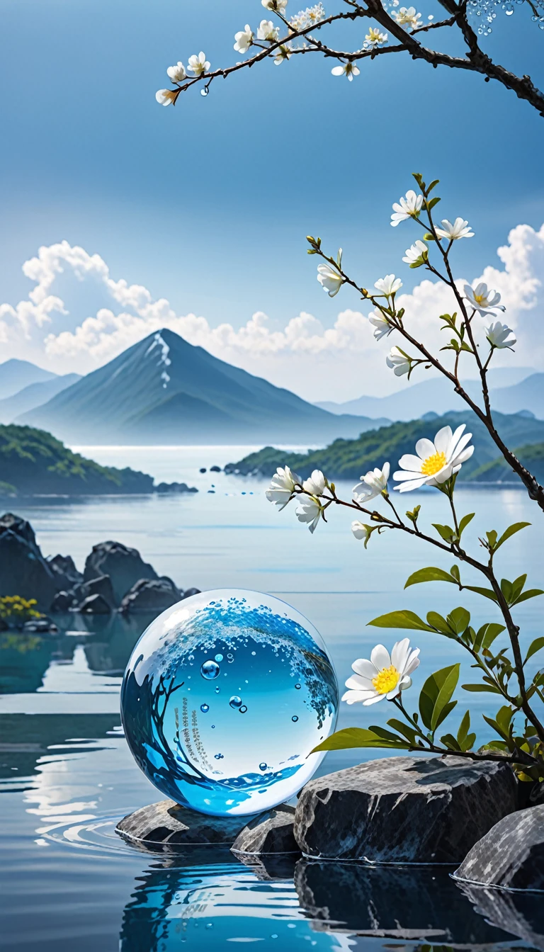 outside, aquatic, not human, still life, vague, bubble, landscape, aquatic drop, Ozean, zero, zerozero, blue zerozero, cloud, vague background, Depth of the written boundary, Consideration, , rocks, 运动vague, mountain, White flower, branch, ice.