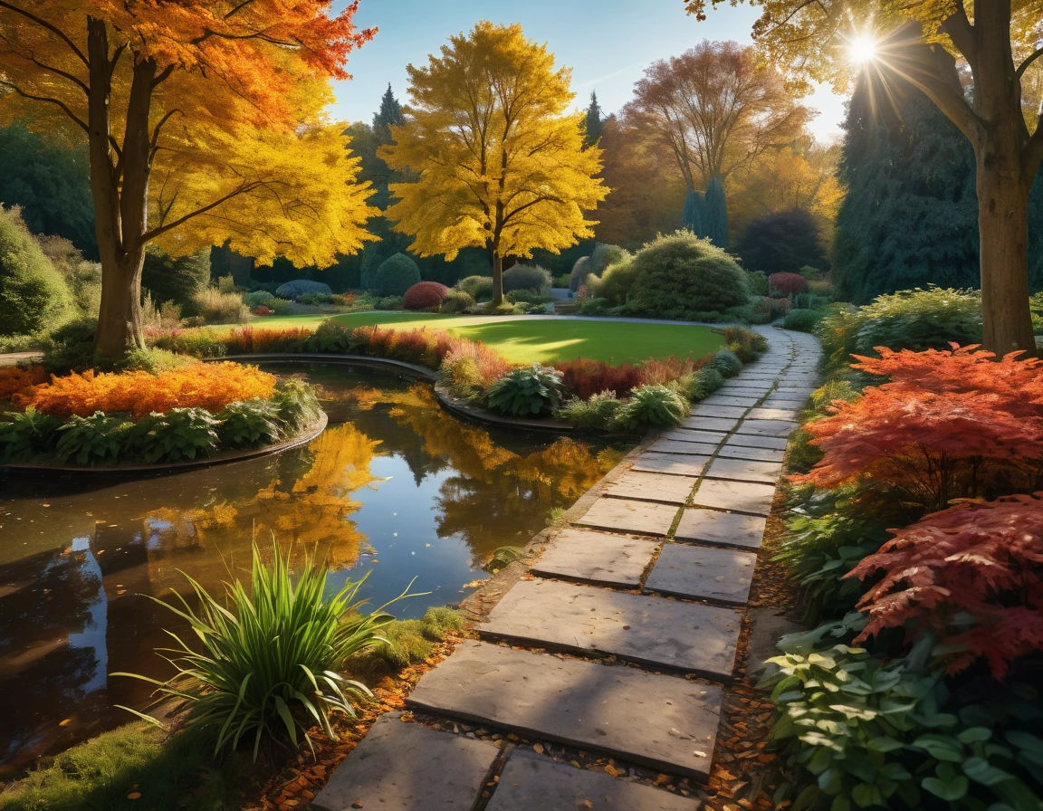 Striking ground view, autumn scene featuring a pond and a garden in a park, surrounded by trees and a path. vibrant fall colors and tranquil atmosphere, picturesque and warm setting, really beautiful nature scenery, rich picturesque colors, fall foliage, warm scene, vibrant autumn colors, blue sky, golden hour, natural lighting, hyper-maximalism, raw photography, ultra-detailed photorealistic textures, artistic bokeh, volumetric lighting, Sony/Zeiss 90mm,f2.8,vray,hdr,32k