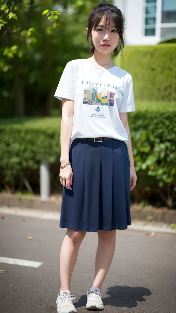 Thai girl, t-shirt, half body, (8ก, raw photos, best quality, Masterpiece:1.2), (realistic, photo-realistic:1.37), very high, depth of field, Chromatic aberration, caustic soda, wide light, natural shading,Fujifilm XT3,Masterpiece,very detailed,rin,uniform,1 girl, alone,stand, look at viewer, outdoor,Plain background