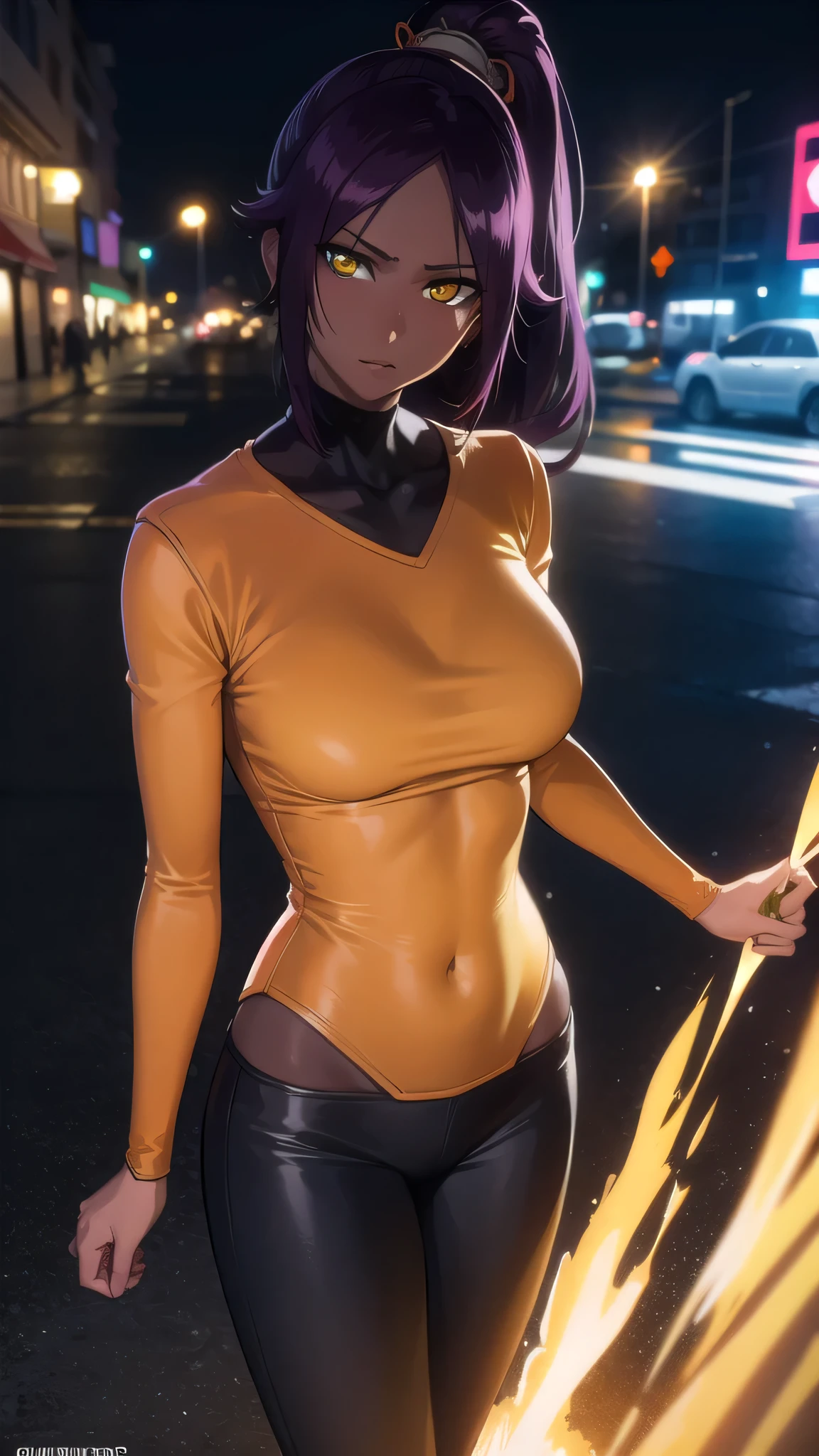 BREAK looking at viewer,BREAK (masterpiece:1.2), best quality, high resolution, unity 8k wallpaper, (illustration:0.8), (beautiful detailed eyes:1.6), extremely detailed face, perfect lighting, extremely detailed CG, (perfect hands, perfect anatomy),yoruichi shihouin, long hair, (yellow eyes:1.5),city,in street,night,lights,wet road,reflections,ponytail, purple hair, dark skin, dark-skinned female,
bodysuit, black bodysuit, bodysuit under clothes, (orange shirt:1.5), long sleeves,