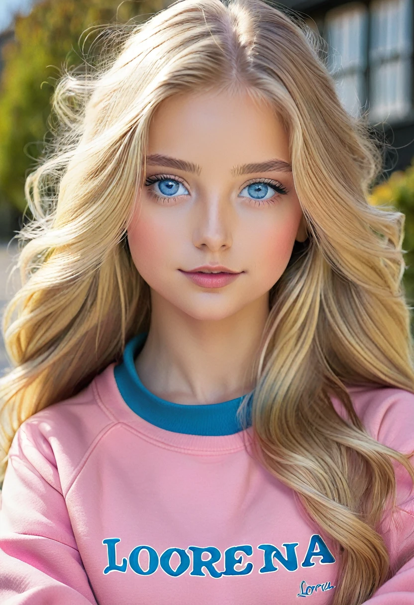 Blonde girl with long hair and blue eyes wearing a pink sweatshirt and the name Lorena written