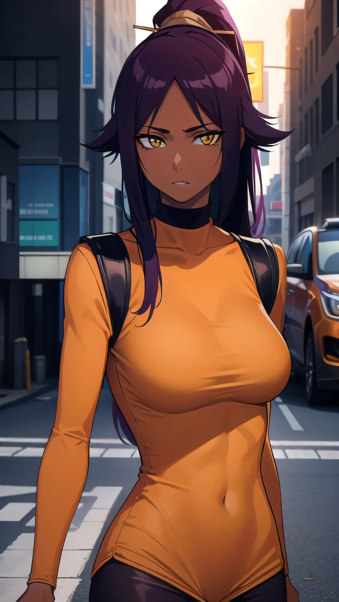 BREAK looking at viewer,BREAK (masterpiece:1.2), best quality, high resolution, unity 8k wallpaper, (illustration:0.8), (beautiful detailed eyes:1.6), extremely detailed face, perfect lighting, extremely detailed CG, (perfect hands, perfect anatomy),yoruichi shihouin, long hair, (yellow eyes:1.5),city,in street,night,lights,wet road,reflections,ponytail, purple hair, dark skin, dark-skinned female,
bodysuit, black bodysuit, bodysuit under clothes, (orange shirt:1.5), long sleeves,