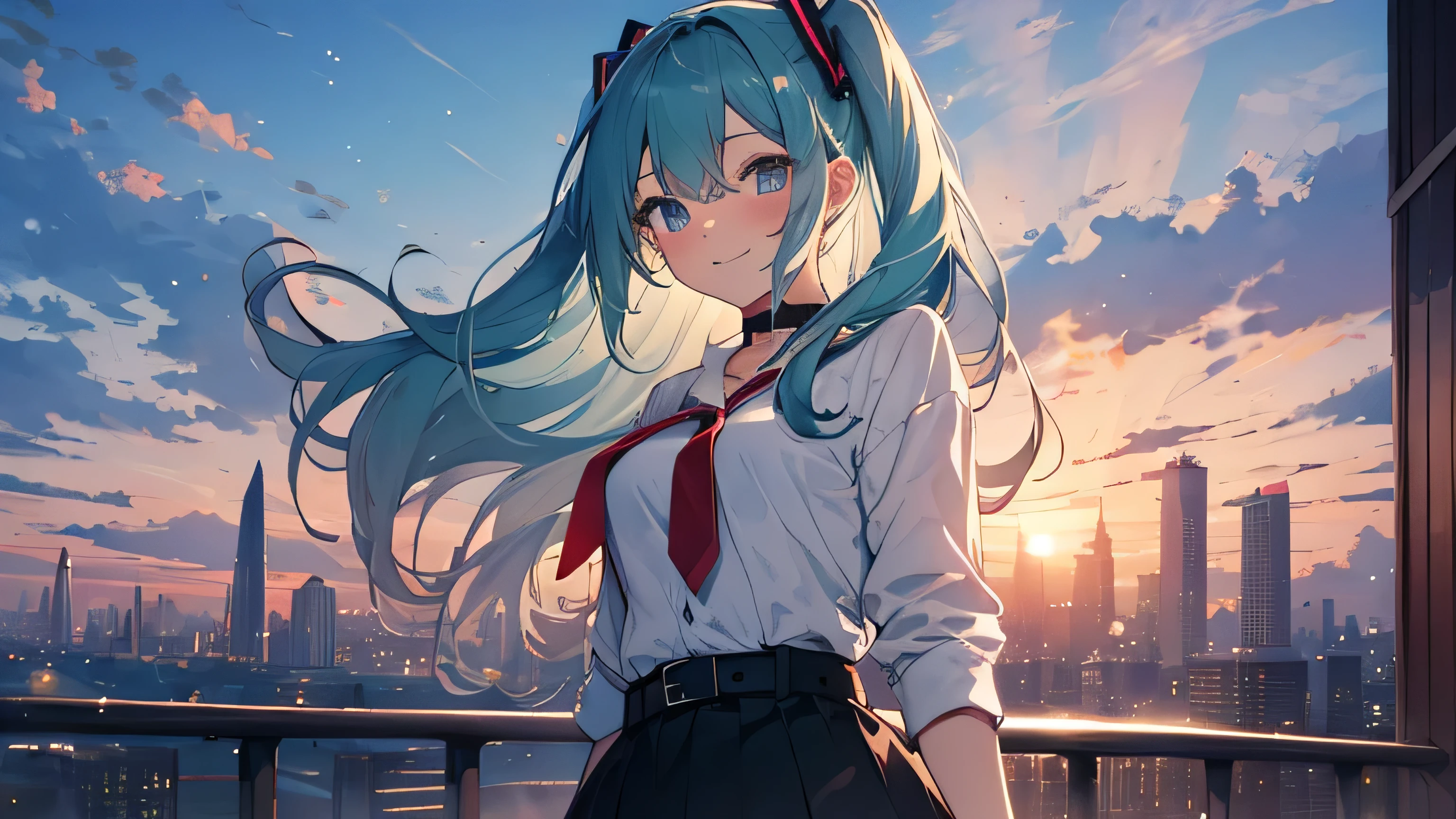 soles, masterpiece, Hatsune Miku, 1 person, solo, hair inhalation, face up, blue sky, glow white particle, (sidelighting:1.2), sun set, pink cloud, detailed clouds, slender, Lovely small breasts, super cute smile with teeth, red cheek, blushing, beautiful green hair, deep shiny blue eyes, cute girly pause, choker, pink see-through blouse with blue green tie, blue skirt , white belt, on the roof of building, super detailed beautiful city view background, wide shot, give wink