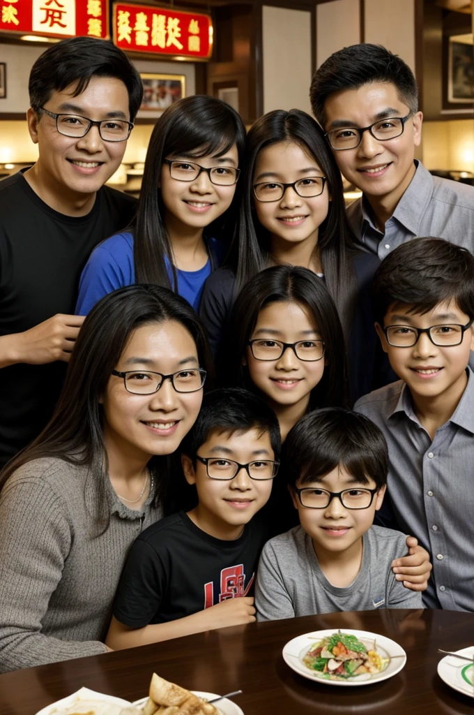 Chinese boy family 14 years tall, dad tall wide and gray glasses with glasses, brown mom long hair, 11 year old Chinese boy and 8 year old straight brown boy. in a restaurant