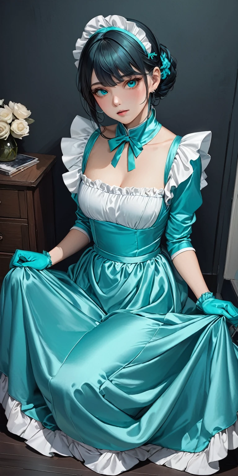 Portraiture、(masterpiece,Highest quality,Ultra-high resolution),Japanese women, (((Very beautiful 25 year old girl))),(Turquoise satin maid outfit)、((Turquoise satin long skirt))、(A long-sleeved turquoise satin shirt that covers the upper body)、Turquoise gloves、Turquoise socks、Turquoise bodysuit、Frills、The clothes fit snugly to the body、Dark Room、