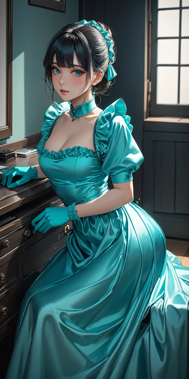 Best quality, masterpiece, ultra high res, raw photo, beautiful and aesthetic, deep shadow, fairy theme,(ultra detailed:1.3),
1girl, standing pose, headdress, (beautiful face, detailed eye:1.2), embarrassed, drill hair, long hair, blonde hair, gradient hair, yellow eyes, solo, (busty breasts, gigantic breasts:1.1), big hair, blue hair, divine goddess, looking at viewer, indoors, luxurious bedroom, room full of curtain, astraea, full body, dress,