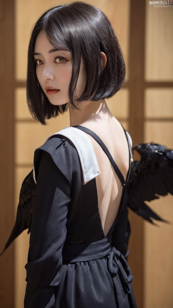 (masterpiece, best quality, beautiful quality, photorealistic, detailed lighting, extremely detailed skin, extremely detailed hair, shadows, 8k, a picture of a woman, upper body, 1girl, fcPortrait:1.2), Bob cut, Intricate details, Kujou Sara (Genshin Impact), She has indigo hair cut in an uneven square, pale skin and golden eyes. She has two pairs of black wings, similar to the wings of a raven, which can unfold behind her back. In addition, on the side of her head there is a red tengu mask resembling a crow's face with white inserts, a black crest and a hexagonal detail resembling a tokin.
