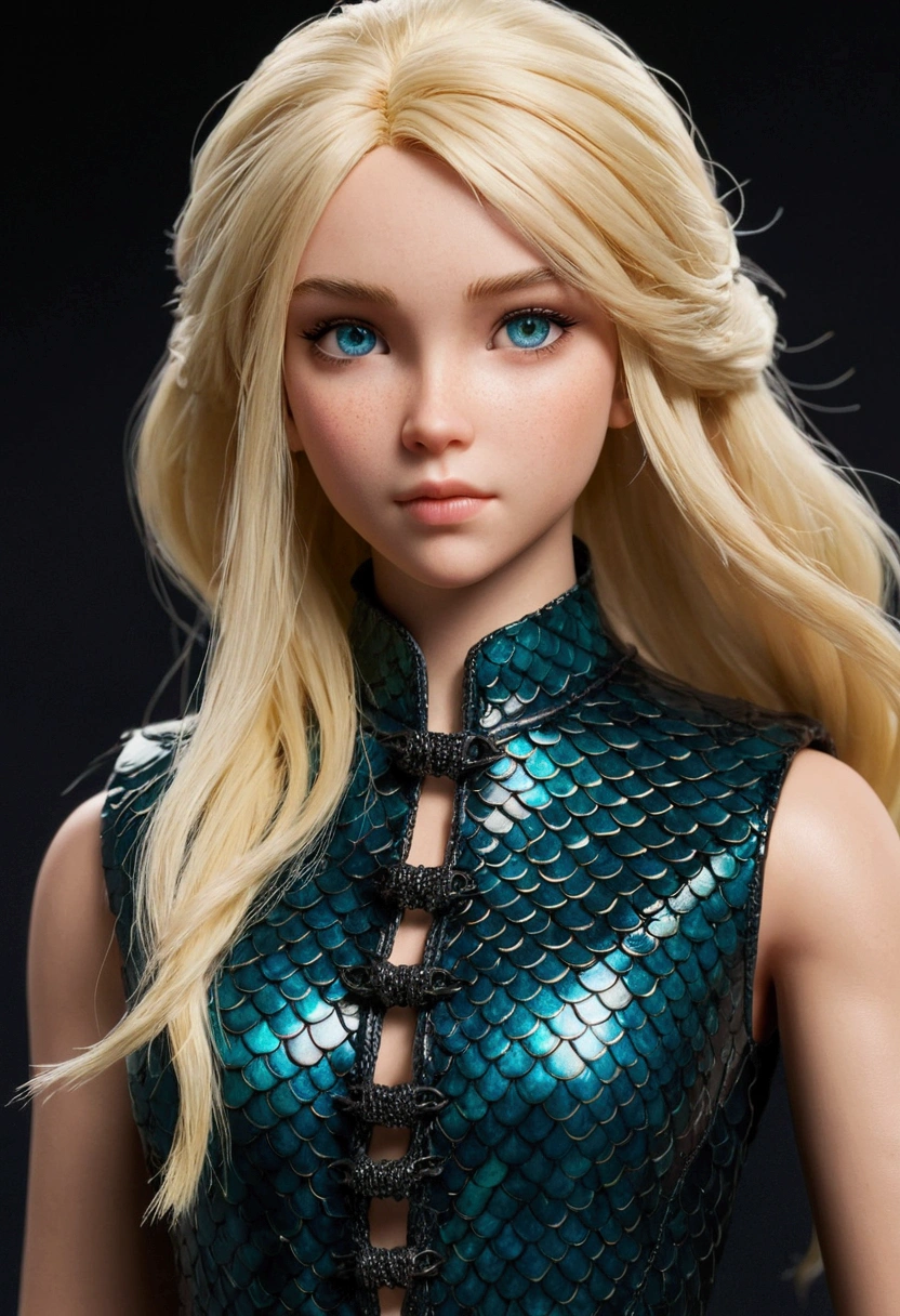fully body, linda, girl, glued clothes, dragon scale, with black bracelets, clear eyes, blondie hair