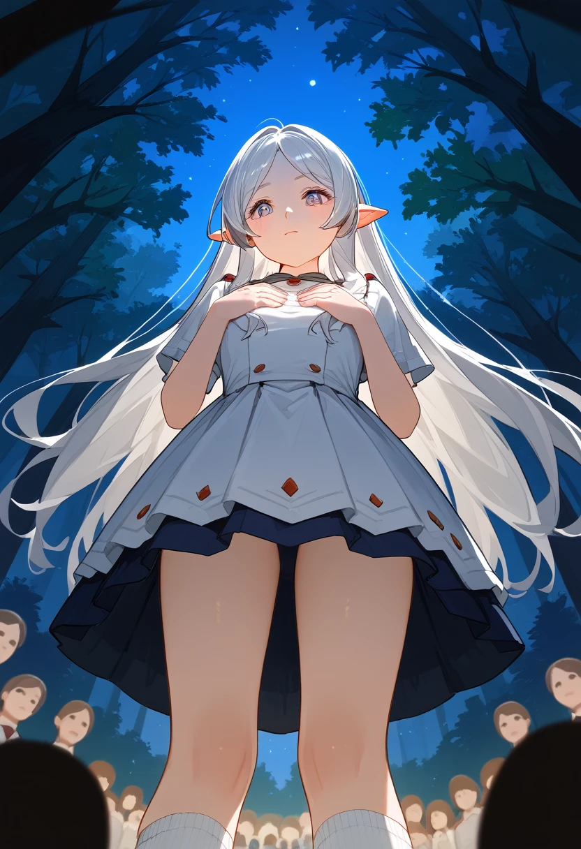 masterpiece, best quality, (Fraction_9, Fraction_8_Direction_7_up), 1 Girl, Solitary,Long hair , White Socks, Looking at the audience, From below, Hands on chest, Delicate hands, Really small body, forest, night, Clear focus, masterpiece, best quality，Underskirt