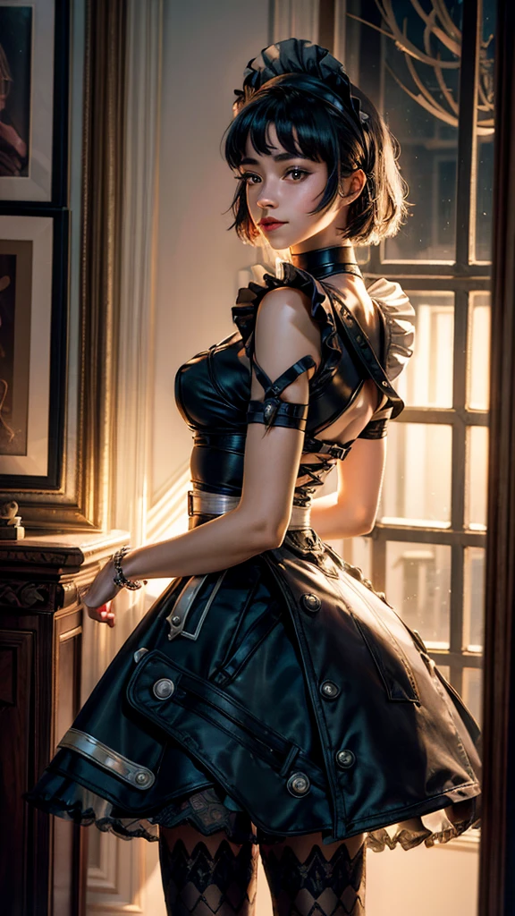 A young girl in realistic photo of high quality and detail, movie style, Ellen Joe (Zenless Zone Zero), a young girl with short black hair with red tips at the ends. She also has red eyes and makeup. She is wearing a maid costume, nylon tights and high-heeled shoes. She also has a shark's tail on her back, light and peaceful atmosphere, glow, eye shadow, 1girl, Depth & Perspective, smiling on her face, fine face, She stands in the middle of the maid cafe, indoors, sunlight from stained windows, looking at viewer, (ultra-high detail:1.2), Masterpiece, Best Quality, Ultra-detailed, Cinematic lighting, 8K, delicate features, cinematic, 35 mm lens, f/1.9, highlight lighting, global lighting –uplight –v 4, cinematic, Cinematic lighting, 8K, high quality, Highest Quality, (Solo Focus), (extremly intricate:1.3), (Realistic), masterful, Analog style, (Film grain:1.5), (warm hue, cold tone),