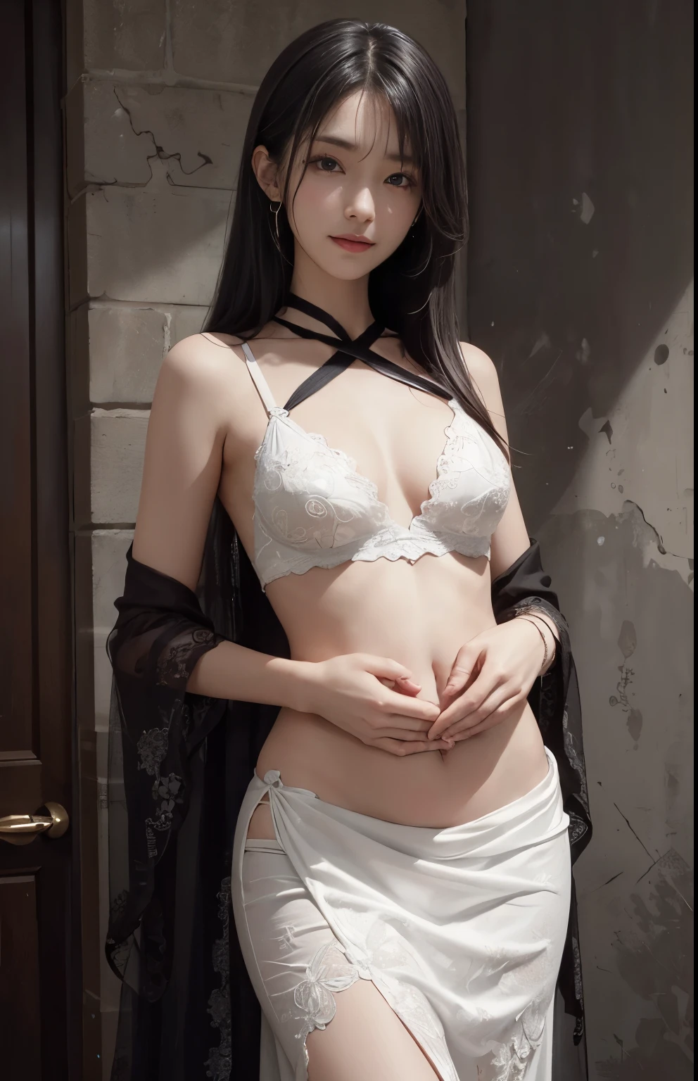(surreal), (shape), (Improved resolution), (32k), (very detailed), (Best shape), (beautiful and detailed eyes), (highest quality), (Super detailed), (masterpiece ), ( wallpaper), (detailed face), 1 girl, , white dress, looking at the viewer, small details, detailed face, in the dark, deep shadow, private key, Pure erotic face ace_v1, smile, long hair, black shawl straight hair , 46 point diagonal bangs,The belly button and the surrounding area are exposed,Are thin,Extremely small breasts,