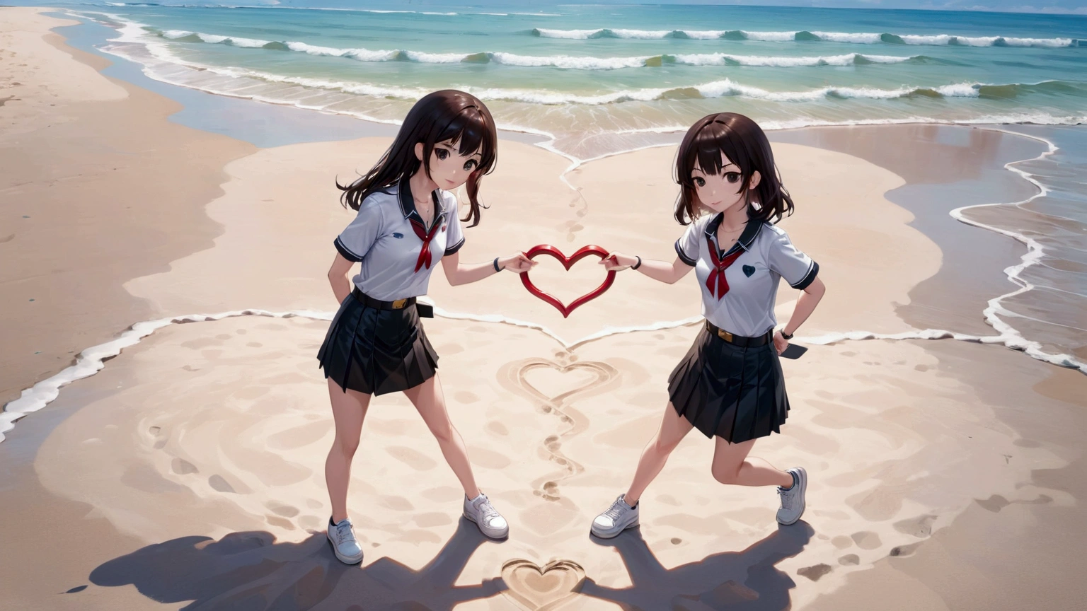 realistic anime illustration of two pretty college girl together on beach 's mat, they are making heart with arms, wearing uniform (white short sleeve shirt, collared shirt, black pencil mini skirt with belt, sneakers), (2girl, solo, full body), (masterpiece, best quality)