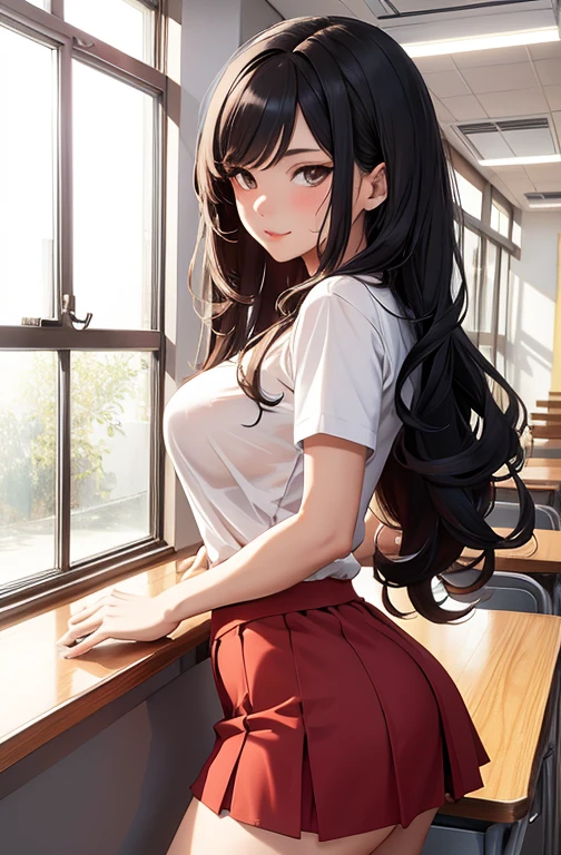 masterpiece, best quality, best lighting, shadows, perfect anatomy, 1 girl, adult anime girl, 21 years old, mature features, showing tits, bitchy face, pretty lips, pretty eyes, black wavy hair, black eyes, seductive eyes, blushing, flirty, pretty smile, tiny red skirt, white tight shirt, classroom background, ass, breast, thighs, seductive, spicy, hot, flirty, nsfw,