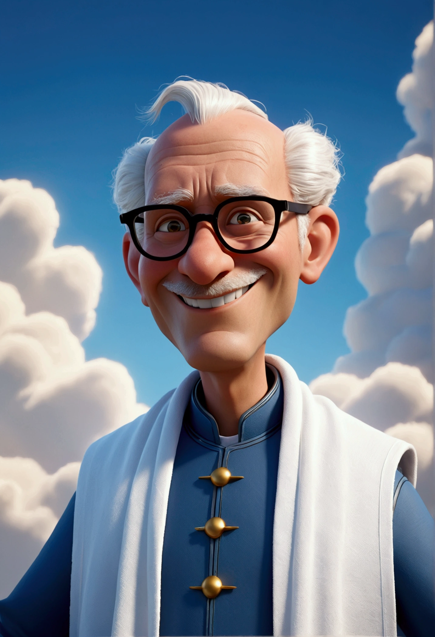 imagine Father Jonas Abib, an old Catholic priest with white hair on the sides of his head, the top part of his head bald, with glasses, smiling, "face without a beard", with his arm up, twirling a white towel, in the sky, over the clouds , priest clothes in light blue, cartoon style illustration, Renderização 3D estilizada, captura de tela de renderização de toon, Personagem 3D, Personagem 3D, Renderização 3D estilizada, Renderização de personagem 3D, personagem de desenho animado, Personagem de close up, Pose de personagem, (Estilo Pixar) (parte mestre:1.2) (Bokeh) (melhor qualidade) (pele detalhada) (textura detalhada) (8K) (argila) (iluminação cinematográfica) (foco nítido,Senta e vaza a parte superior do corpo