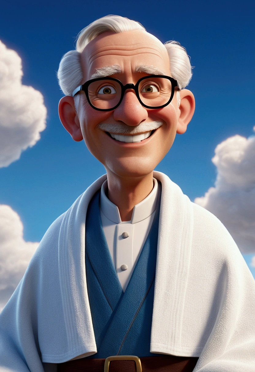 imagine Father Jonas Abib, an old Catholic priest with white hair on the sides of his head, the top part of his head bald, with glasses, smiling, "face without a beard", with his arm up, twirling a white towel, in the sky, over the clouds , priest clothes in light blue, cartoon style illustration, Renderização 3D estilizada, captura de tela de renderização de toon, Personagem 3D, Personagem 3D, Renderização 3D estilizada, Renderização de personagem 3D, personagem de desenho animado, Personagem de close up, Pose de personagem, (Estilo Pixar) (parte mestre:1.2) (Bokeh) (melhor qualidade) (pele detalhada) (textura detalhada) (8K) (argila) (iluminação cinematográfica) (foco nítido,Senta e vaza a parte superior do corpo