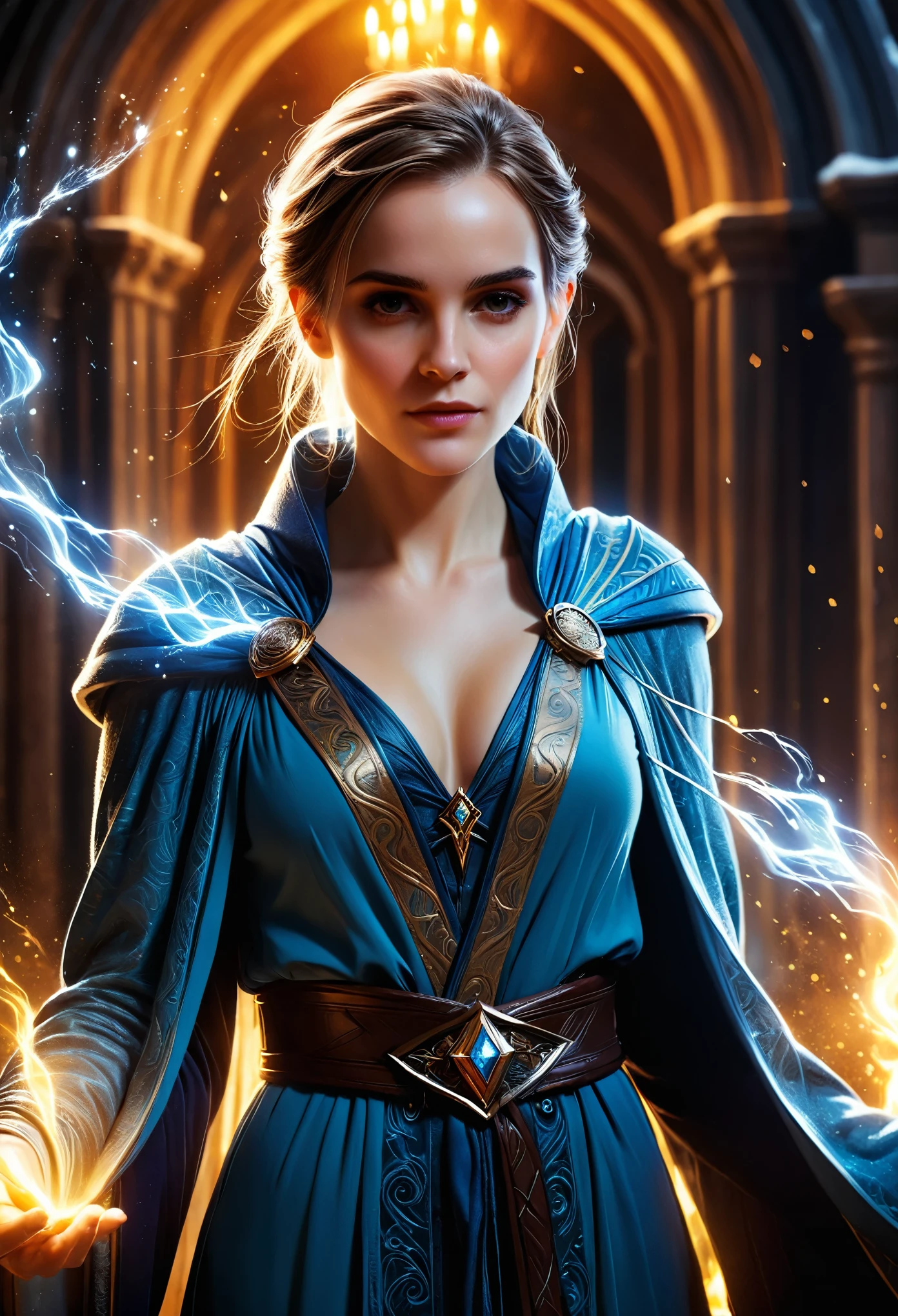 A handsome woman wearing a mage's robe, (detailed portrait of Emma Watson as an Icemancer:0.4), fantasy art by Seb McKinnon, intricate magical details, trending on ArtStation, magical environment, cinematic lighting, rich saturated colors, dramatic pose