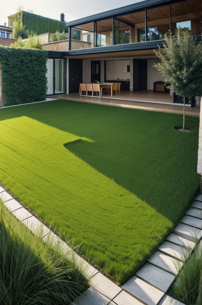 Living room with gras, green roof
