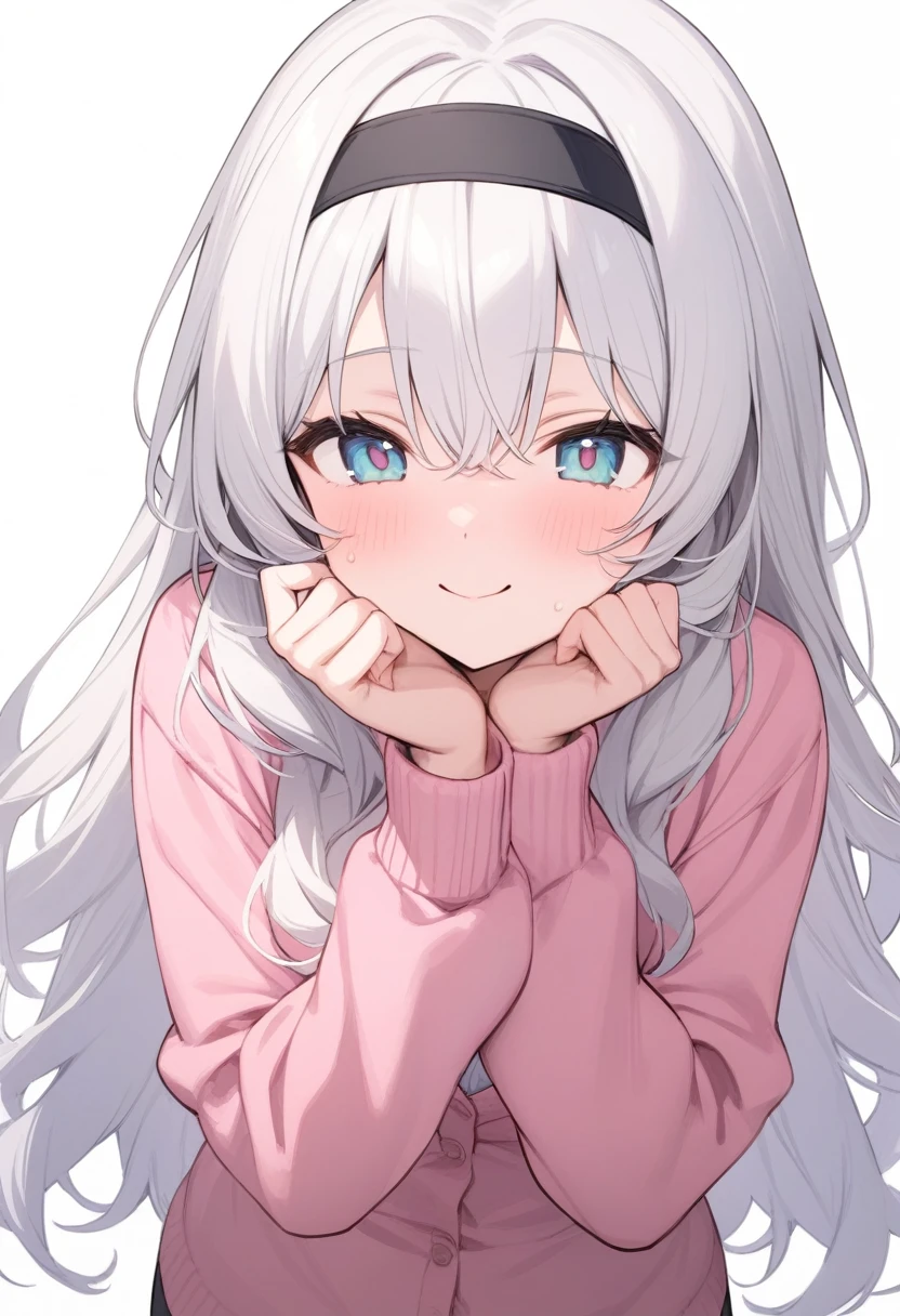Simple Background,masterpiece,Highest quality,woman,smile,Wavy long hair,White Hair,Cute eyes,水色のCute eyes,Pink Cardigan、Black headband、