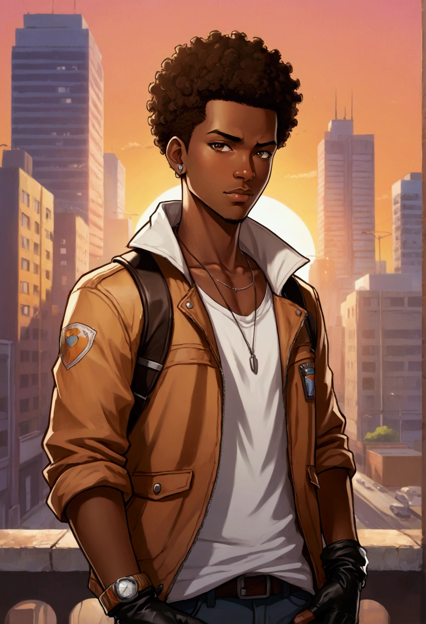 (foco frontal),Anime - style illustration of a man with a brown jacket, white t-shirt and small bandana around his neck, "(best quality,ultra-detalhado),detailed right hand,(Fingerless Gloves, Gloved hands), | | |, male anime character, City background, Sunset gradient background, Short Afro haircut, Black man, Young African American)
