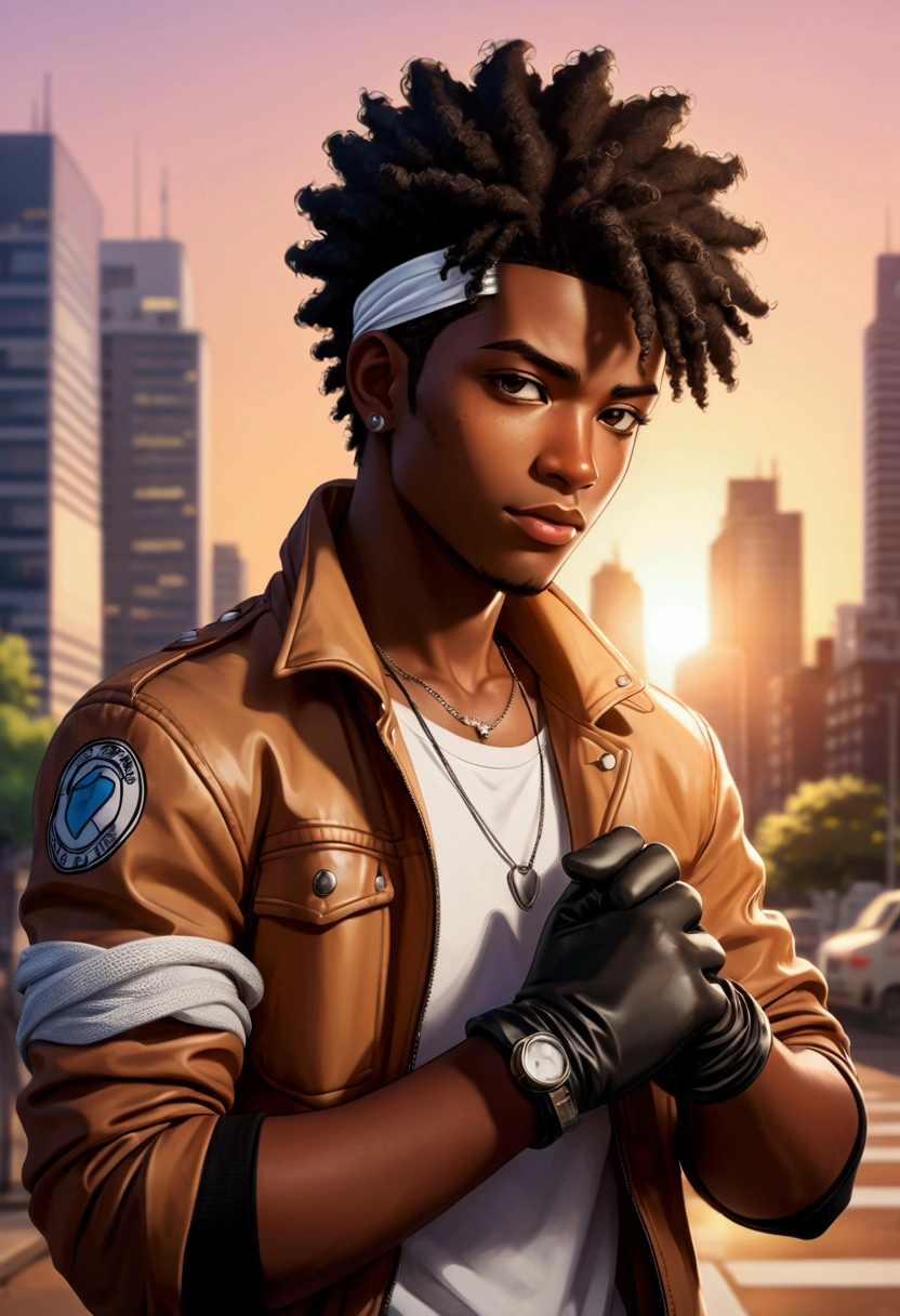 (foco frontal),Anime - style illustration of a man with a brown jacket, white t-shirt and small bandana around his neck, "(best quality,ultra-detalhado),detailed right hand,(Fingerless Gloves, Gloved hands), | | |, male anime character, City background, Sunset gradient background, Short Afro haircut, Black man, Young African American)