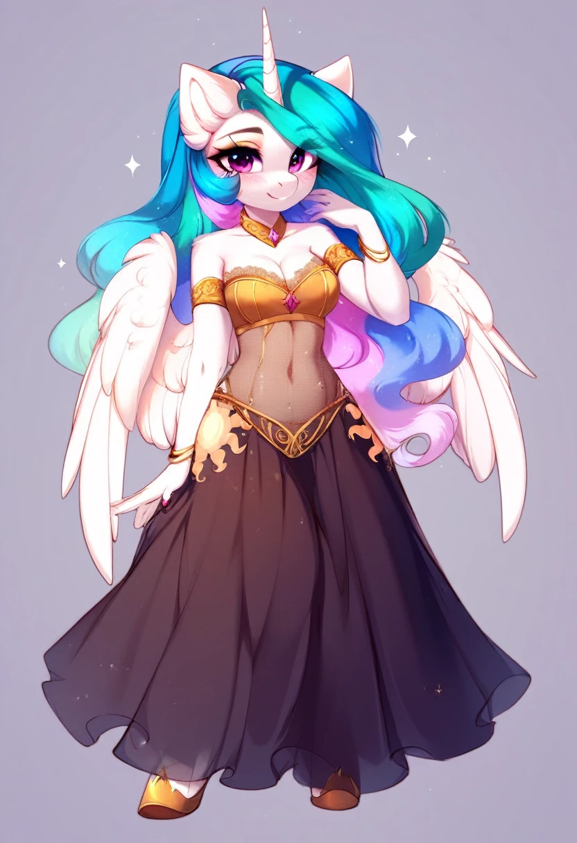 check_9, check_8_up, check_7_up, source_fluffy, rating_safe, from Magnaluna, Celestia poses seductively in a white bedroom, pink eyes, white body, anthro, blushing, wearing tight golden lingerie skirt, full body
