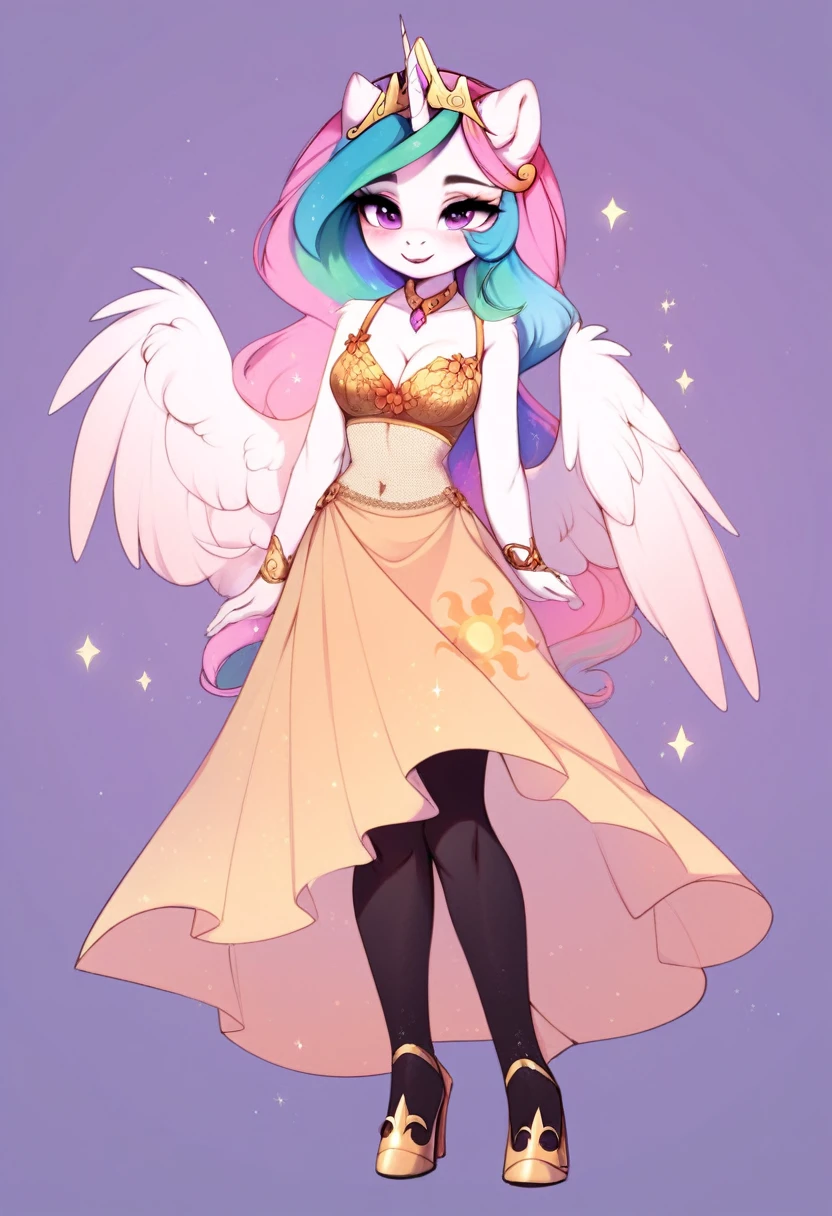 check_9, check_8_up, check_7_up, source_fluffy, rating_safe, from Magnaluna, Celestia poses seductively in a white bedroom, pink eyes, white body, anthro, blushing, wearing tight golden lingerie skirt, full body