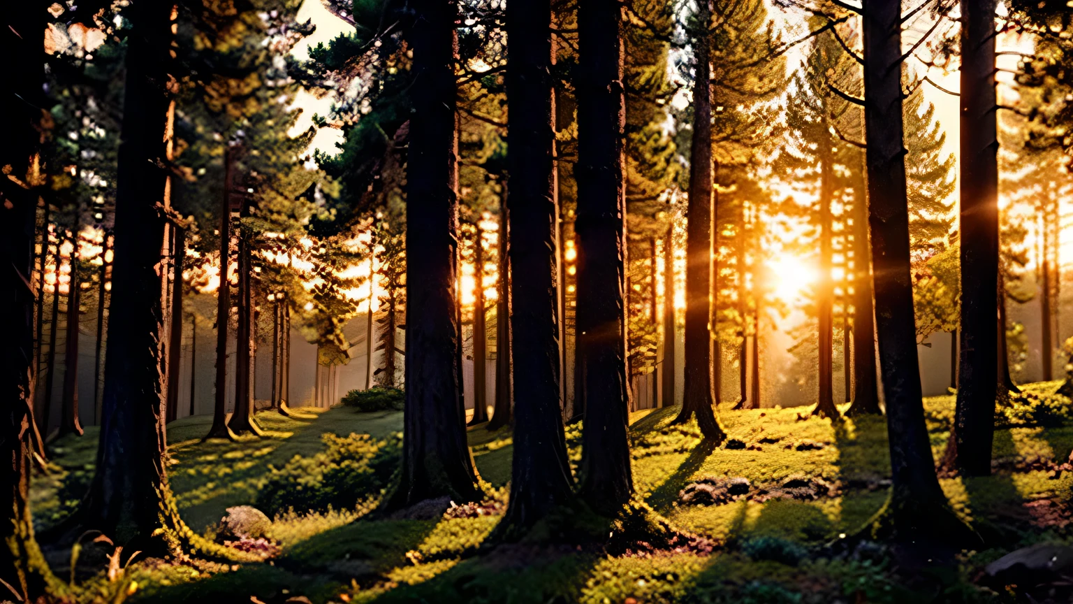 a beautiful and calm forest at sunset, lush green trees, glowing sunset sky, dramatic lighting, moody atmosphere, detailed foliage, golden hour, cinematic lighting, serene landscape, photorealistic, detailed, highly detailed, intricate details, 8k, best quality, masterpiece
