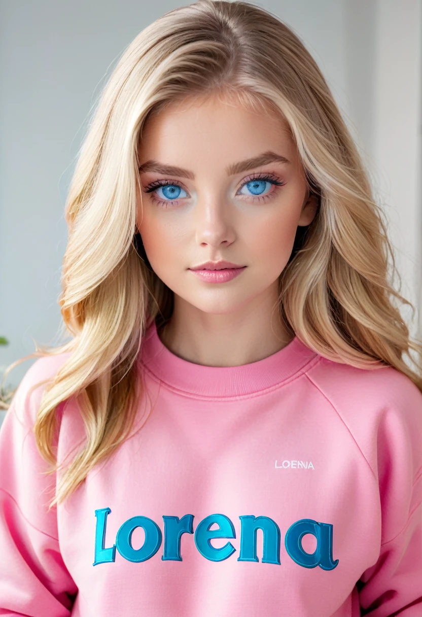 Blonde girl with long hair and blue eyes wearing a pink sweatshirt and the name Lorena written