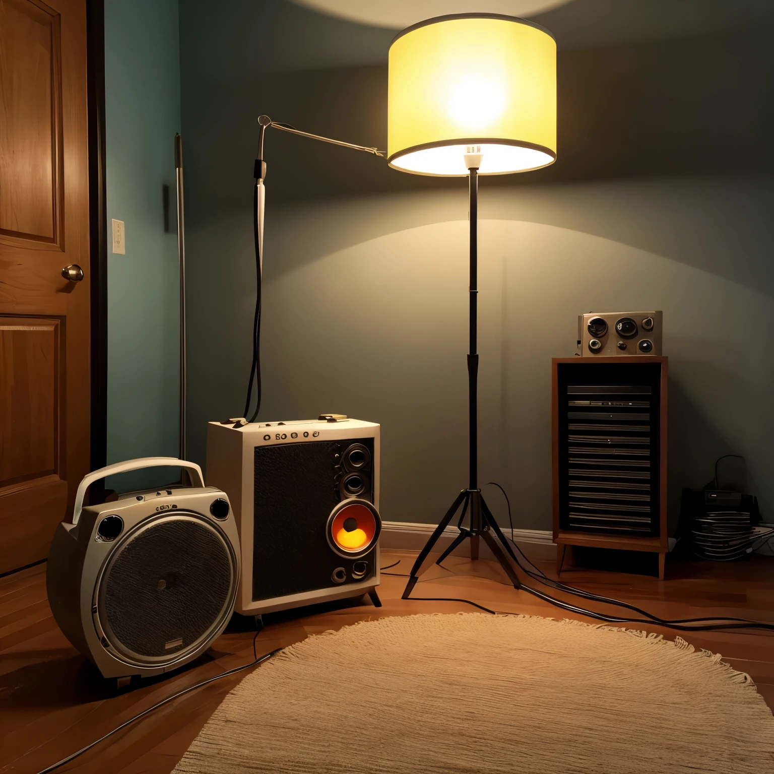 colors and shapes of the internal microphone of a kora versus a reel-to-reel revox tape recorder under a lampshade without light in a process of ascension in an erased labyrynth