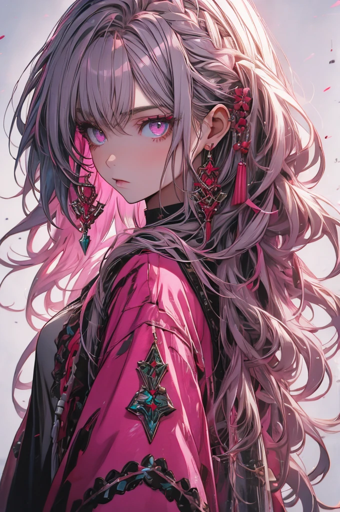 Red Flow, 1 girl, alone, Long Hair, Looking at the audience, Blue Eyes Background, White Background, jewelry, Mouth closed, Jacket, Upper Body, Gray Hair, Earrings, Pink Eyes, necklace, From the side, Oversized T-shirt, lips, eyelash, Compensate, Earrings, cross, lipstick, ear Earrings, eye shadow, hoop Earrings, pink lips, Variegated eyes , pink eye shadow,